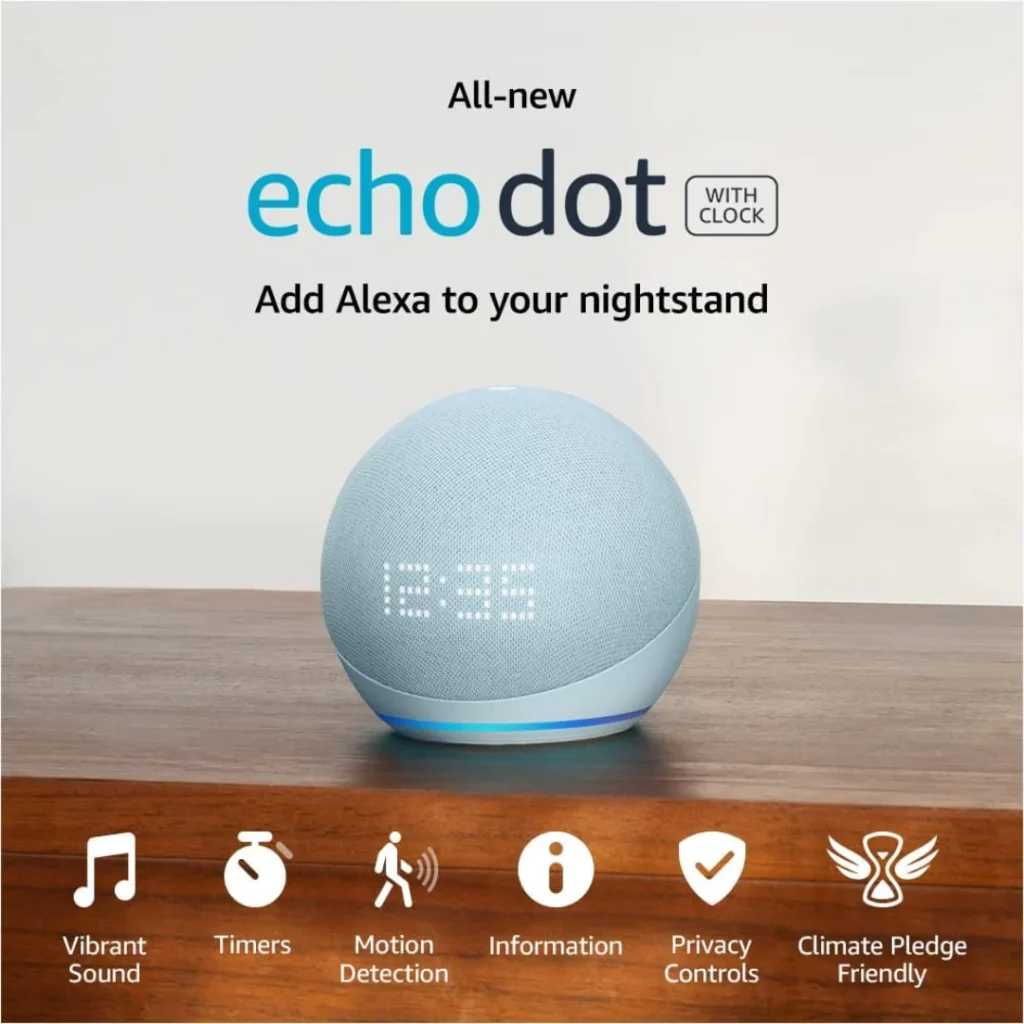 Echo dot alexa con orologio altoparlante intelligente bluetooth led display colore azzurro tenue