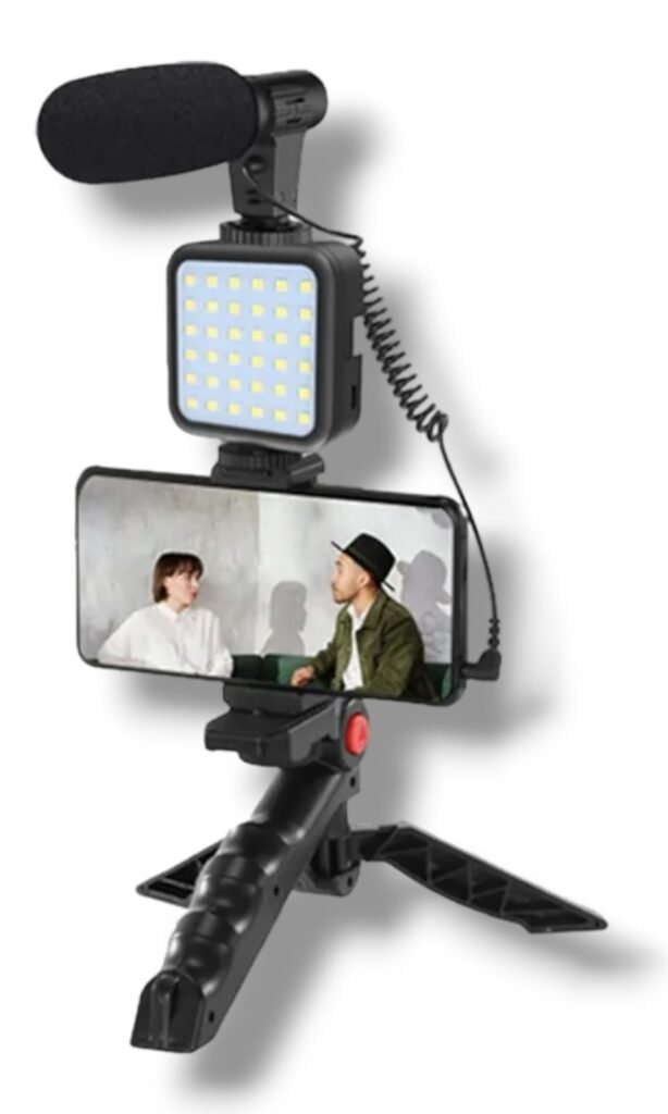 Stand Vlog trepiedi con luce led 3 intensità microfono direzionale per video riprese e videomaker