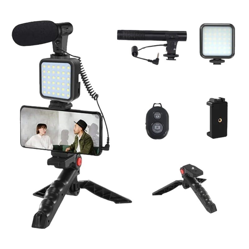 Stand Vlog trepiedi con luce led 3 intensità microfono direzionale per video riprese e videomaker
