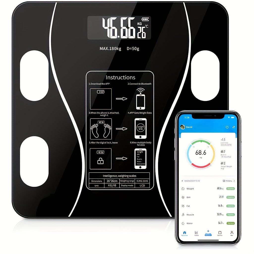 Bilancia Pesapersone Professionale Nera, Impedenziometrica Bluetooth,Digitale con App,Misura Peso Corporeo Massa Grassa BMI