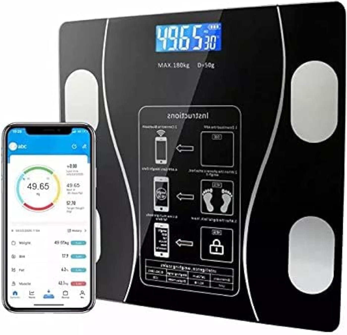 Bilancia Pesapersone Professionale Nera, Impedenziometrica Bluetooth,Digitale con App,Misura Peso Corporeo Massa Grassa BMI